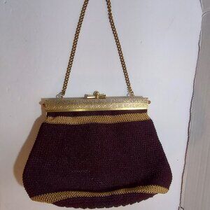 Vintage 1930s/40s Maroon Crochet & Gold-Tone Metal Frame Evening Bag